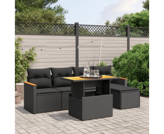 vidaXL 6-cz. zestaw mebli ogrodowych z poduszkami, czarny polirattan Dārza mēbeļu komplekti