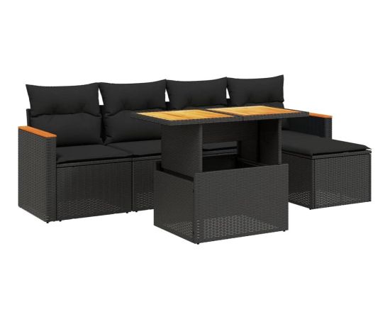 vidaXL 6-cz. zestaw mebli ogrodowych z poduszkami, czarny polirattan Dārza mēbeļu komplekti