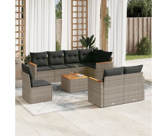 vidaXL 9-cz. zestaw mebli ogrodowych z poduszkami, szary, polirattan Dārza mēbeļu komplekti