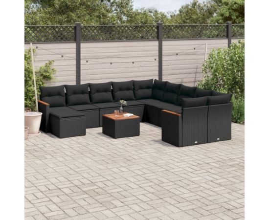 vidaXL 12-cz. zestaw mebli do ogrodu, z poduszkami, czarny, polirattan Dārza mēbeļu komplekti