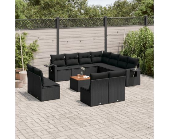 vidaXL 12-cz. zestaw mebli do ogrodu, z poduszkami, czarny, polirattan Dārza mēbeļu komplekti