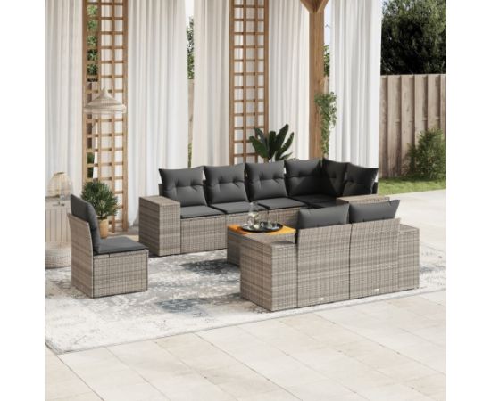 vidaXL 9-cz. zestaw mebli ogrodowych z poduszkami, szary, polirattan Dārza mēbeļu komplekti