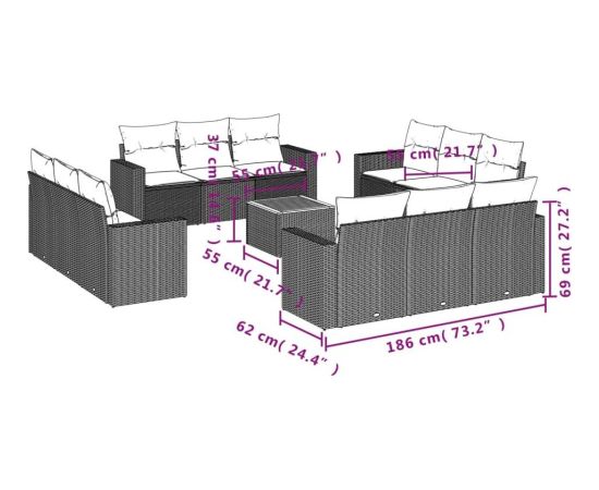 vidaXL 13-cz. zestaw mebli do ogrodu, poduszki, czarny, rattan PE Dārza mēbeļu komplekti