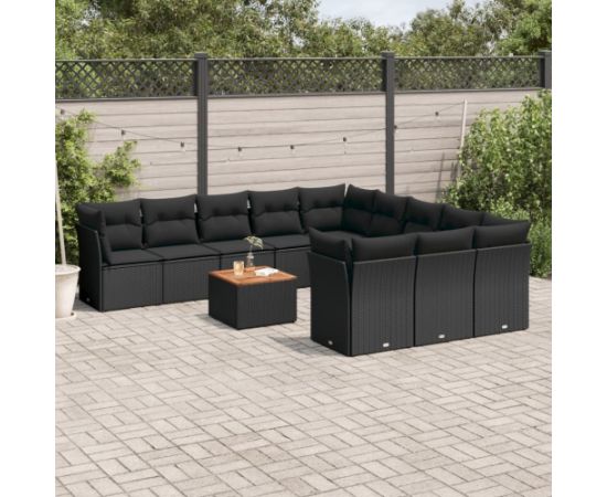 vidaXL 12-cz. zestaw mebli do ogrodu, z poduszkami, czarny, polirattan Dārza mēbeļu komplekti