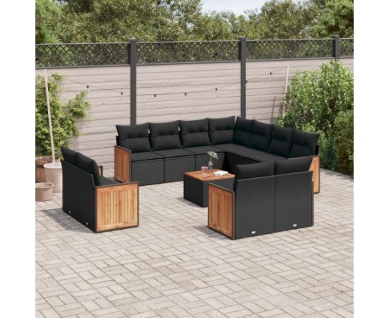 vidaXL 12-częściowy zestaw mebli do ogrodu, z poduszkami, czarny, polirattan Dārza mēbeļu komplekti