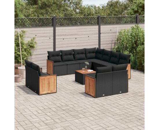 vidaXL 12-częściowy zestaw mebli do ogrodu, z poduszkami, czarny, polirattan Dārza mēbeļu komplekti