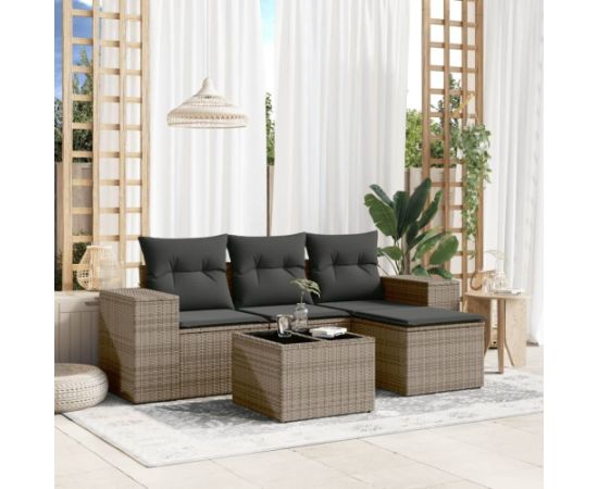 vidaXL 5-częściowy zestaw wypoczynkowy do ogrodu, poduszki, szary rattan PE Dārza mēbeļu komplekti