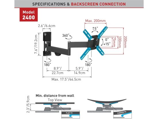 BARKAN 2400.B 26"-39" lygiam/lenktam TV, 4 lankstų, sieninis, juodas Крепления для телевизоров