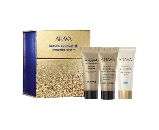 Unstoppable Radiance Set Ahava: Osmoter Concetrate, Smoothing, Lotion, For Face, 15 ml + Refresing, Eliminates Impurities, Cleansing Gel, For Face, 15 ml + 24K Gold Mineral, Anti-Wrinkle, Mud Mask, For Face, 15 ml + Ahava, GWP Textile Pouch Dāvanu komplekti