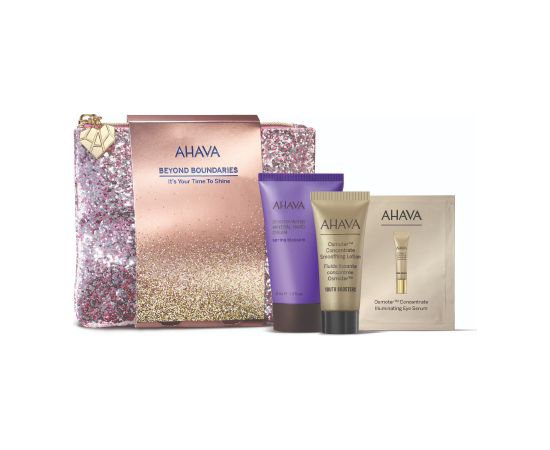 It's Your Time to Shine Set Ahava: Osmoter Concetrate, Smoothing, Lotion, For Face, 15 ml + Osmoter Concetrate, Illuminating, Eye Serum, 2 ml *Sample + Deadsea Water Mineral, Hydration, Hand Cream, Floral, 40 ml + Ahava, GWP Textile Pouch Dāvanu komplekti