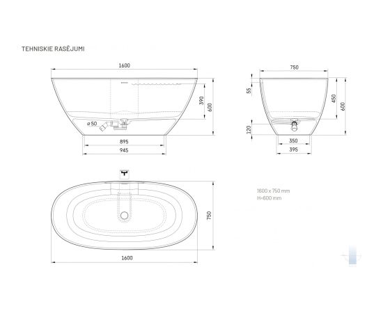 PAA Perla 160 Brīvi Stāvoša Akmens Masas Vanna Matēti Krēmkrāsas Крупная бытовая техника