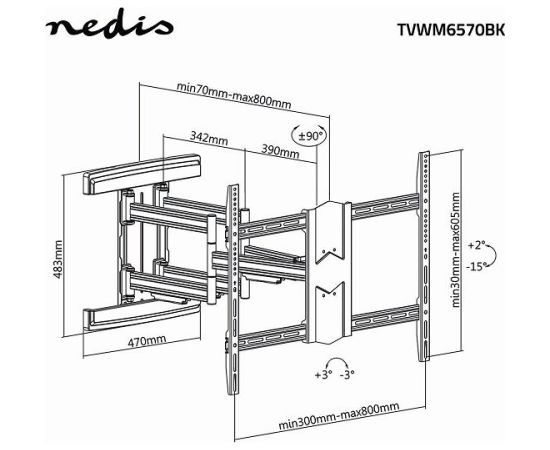 Nedis TVWM6570BK Kronšteins priekš LED / LCD / PLASMA TV / 43-90" / Max 70kg TV un monitoru stiprinājumi, kronšteini