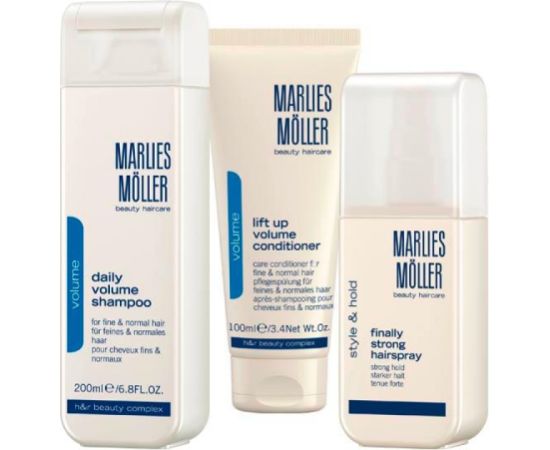 Xmas Set Set Marlies Moller: Lift-Up, Hair Conditioner, For Volume, 100 ml + Finally Strong, Hair Spray, For Styling, Strong Hold, 125 ml + Daily Volume, Hair Shampoo, 200 ml Matu kopšana