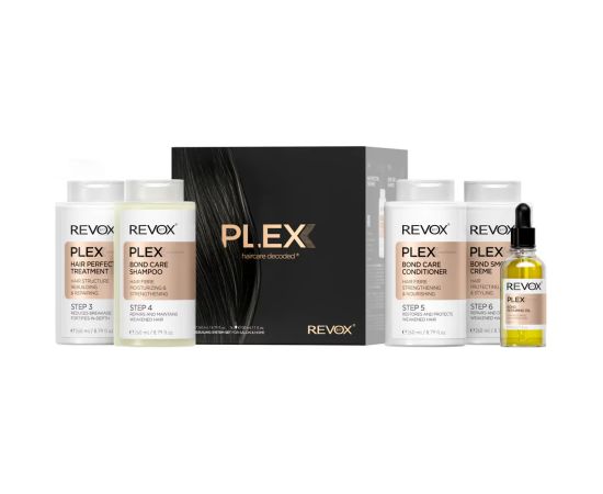 Set Revox B77: Plex Bond Step 3, Hair Cream Treatment, Anti-Breakage, 260 ml + Plex Bond Step 4, Hair Shampoo, For Strengthening, 260 ml + Plex Bond Step 5, Hair Conditioner, Restores, 260 ml + Plex Bond Step 6, Hair Cream Treatment, Repairing, 260 ml + P Matu kopšana