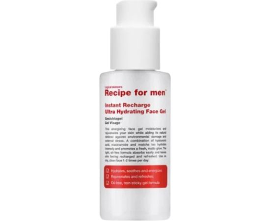 Recipe For Men, Instant Recharge, Hyaluronic Acid, Moisturizes, Gel, Face, 75 ml Sejas kopšana