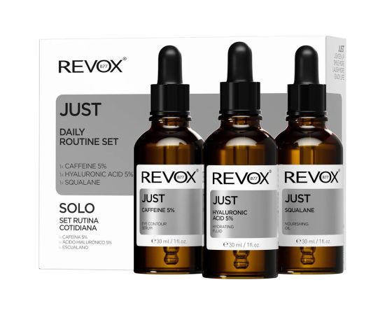 Daily Routine Set Revox B77: Just, Squalane, Nourishing, Oil, For Face, 30 ml + Just, Caffeine 5%, Anti-Dark Circles, Day, Eye Serum, 30 ml + Just, Hyaluronic Acid 5%, Hydrating, Fluid, For Face, 30 ml Dāvanu komplekti