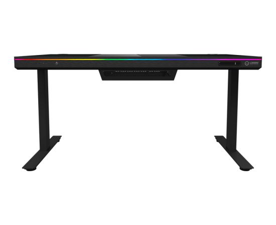 Lorgar Dual-motor sit/stand adjustable-height gaming desk with built-in PC case, wireless charger, RGB lighting, control panel, and USB ports, tempered glass tabletop, black. Gaming galdi
