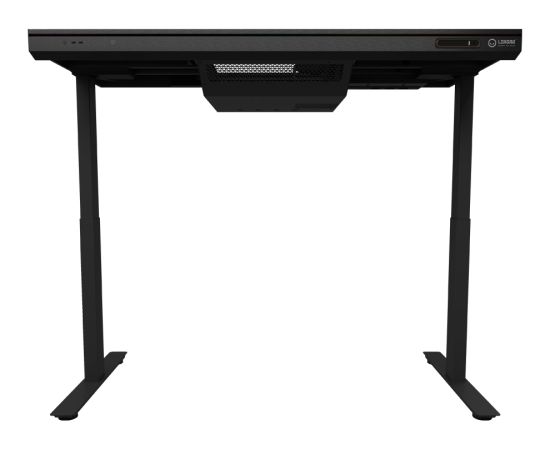 Lorgar Dual-motor sit/stand adjustable-height gaming desk with built-in PC case, wireless charger, RGB lighting, control panel, and USB ports, tempered glass tabletop, black. Gaming galdi