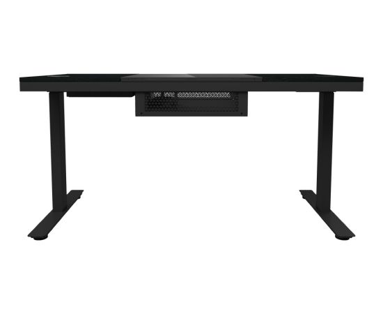 Lorgar Dual-motor sit/stand adjustable-height gaming desk with built-in PC case, wireless charger, RGB lighting, control panel, and USB ports, tempered glass tabletop, black. Gaming galdi