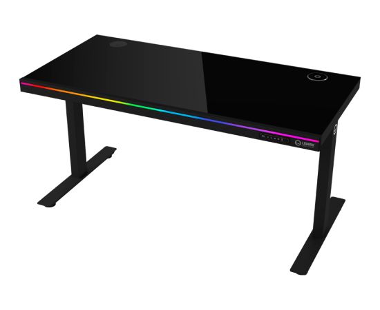 Lorgar Dual-motor sit/stand adjustable-height gaming desk with wireless charger, RGB lighting, control panel, and USB ports, solid tempered glass tabletop, black. Gaming galdi