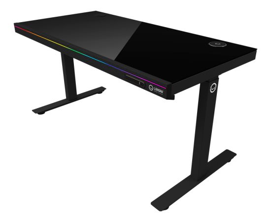 Lorgar Dual-motor sit/stand adjustable-height gaming desk with wireless charger, RGB lighting, control panel, and USB ports, solid tempered glass tabletop, black. Gaming galdi