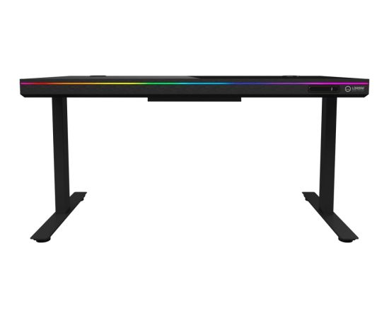 Lorgar Dual-motor sit/stand adjustable-height gaming desk with wireless charger, RGB lighting, control panel, and USB ports, solid tempered glass tabletop, black. Gaming galdi