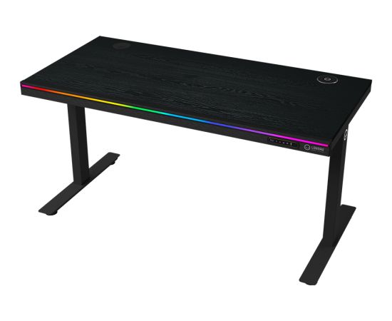 Lorgar Dual-motor sit/stand adjustable-height gaming desk with wireless charger, RGB lighting, control panel, and USB ports, PB melamine surface tabletop, black. Gaming galdi