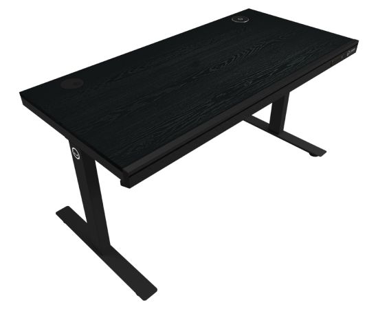 Lorgar Dual-motor sit/stand adjustable-height gaming desk with wireless charger, RGB lighting, control panel, and USB ports, PB melamine surface tabletop, black. Gaming galdi