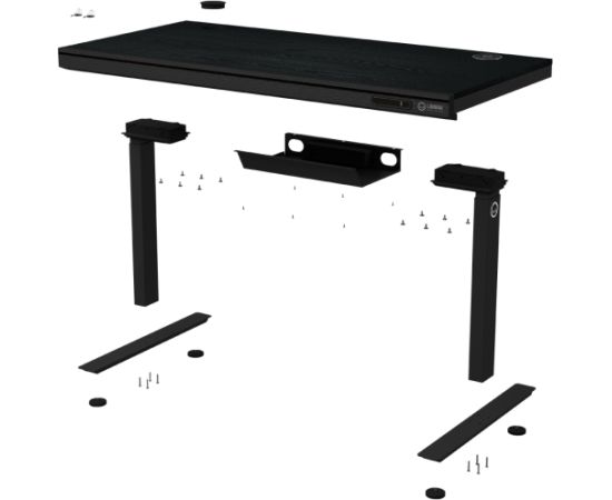 Lorgar Dual-motor sit/stand adjustable-height gaming desk with wireless charger, RGB lighting, control panel, and USB ports, PB melamine surface tabletop, black. Gaming galdi