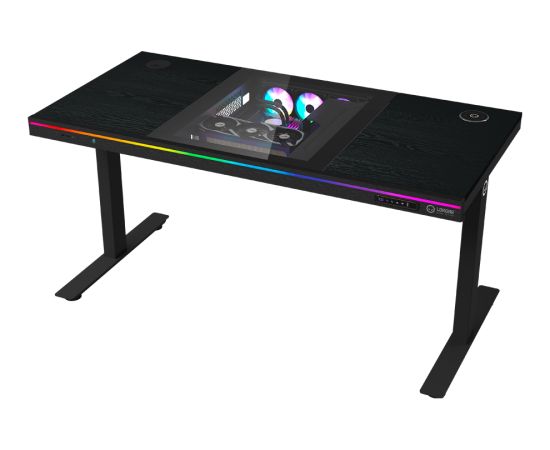 Lorgar Dual-motor sit/stand adjustable-height gaming desk with built-in PC case, wireless charger, RGB lighting, control panel, and USB ports, PB melamine surface tabletop, black. Gaming galdi