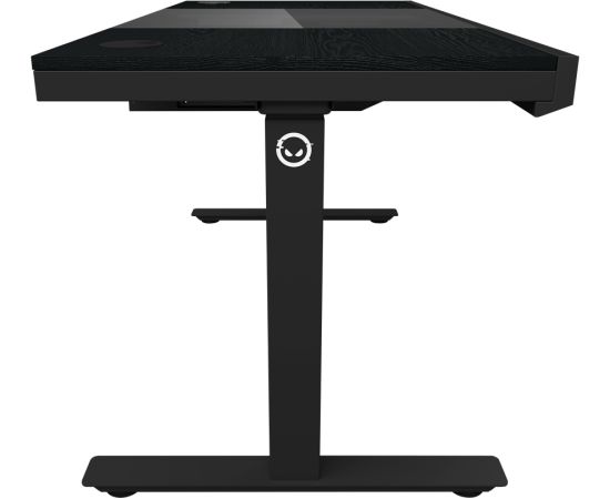 Lorgar Dual-motor sit/stand adjustable-height gaming desk with built-in PC case, wireless charger, RGB lighting, control panel, and USB ports, PB melamine surface tabletop, black. Gaming galdi