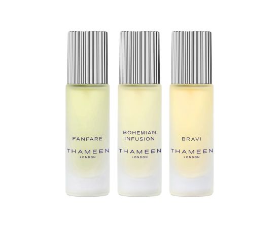 Set Thameen London: Fanfare, Eau De Cologne, Unisex, 10 ml + Bohemian Infusion, Eau De Cologne, Unisex, 10 ml + Bravi, Extrait De Parfum, Unisex, 10 ml Dāvanu komplekti