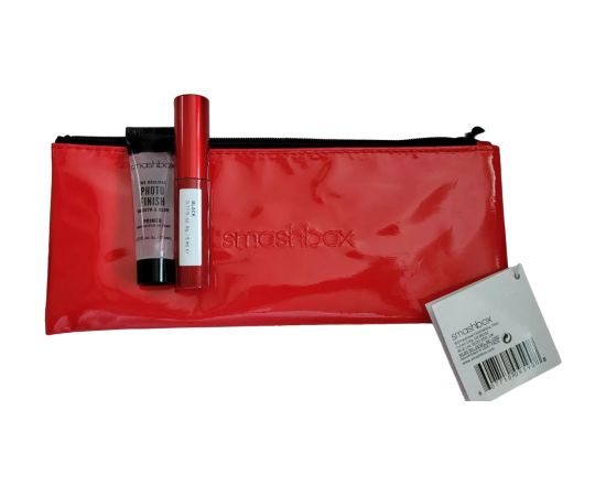 Deluxe Trial Size Set Smashbox: Super Fan, Volumizing, Mascara, Black, 5 ml + Photo Finish, Smoothing, Liquid Primer, 7.1 ml + Textile Makeup Bag, Red Dekoratīvā kosmētika