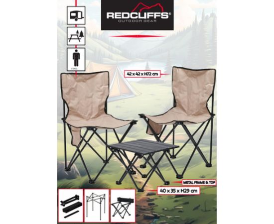 3 vienā salokāms ceļojumu komplekts: galds un 2 krēsli, REDCLIFFS bēšs Кемпинг стулья