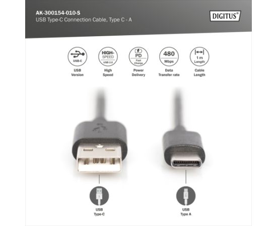 Digitus USB Type-C connection cable, type USB-A - USB-C AK-300154-010-S Дата USB-кабели