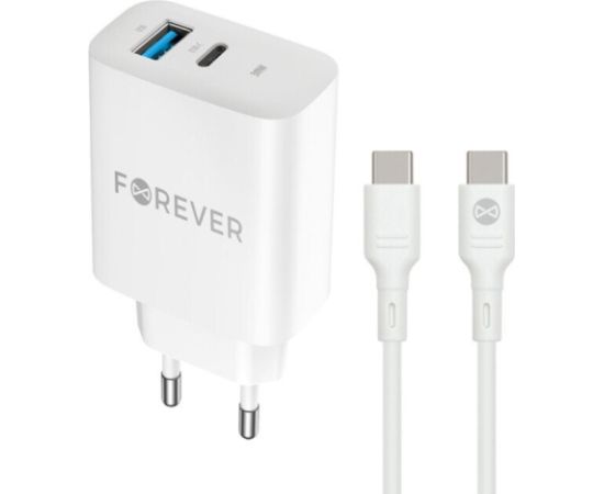 Forever TC-07 Tīkla Lādētājs PD / QC / USB-C / USB / 30W + USB-C Kabelis 60W Telefonu lādētāji 220v