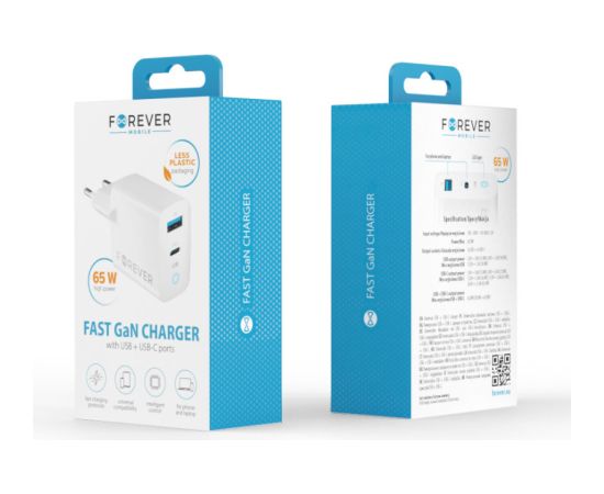 Forever TC-06 GaN Lādētājs PD / QC / 1x USB-C / 1x USB / 65W Telefonu lādētāji 220v