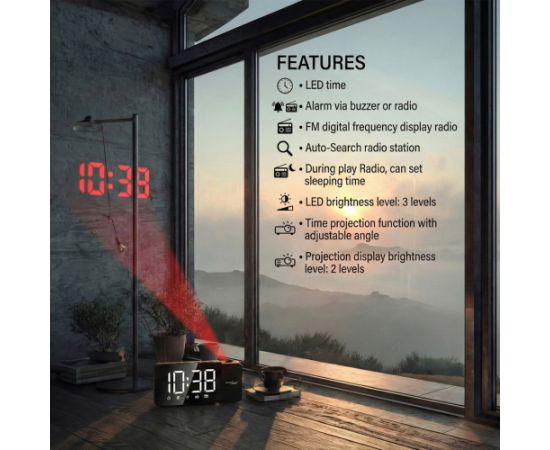 Digital LED clock radio with GreenBlue projector, FM radio, alarm, 12/24 clock, 5V DC USB power supply + CR2032, GB172 Aудио-видео