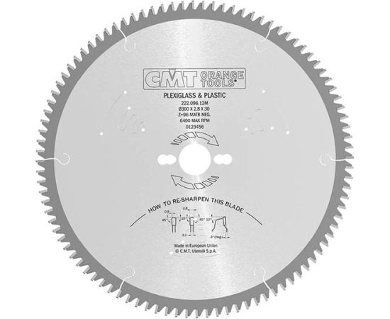 Griešanas disks laminātam CMT 222; 300x2,8x30; Z96; -3° Zāģripas