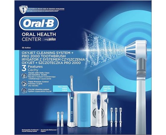 Oral-B Pro 2000+ Rechargeable Electric Toothbrush Kit with Dental Jet 1 Oxyjet Water Flosser, 1 Toothbrush, 4 Oxyjet Cannula, 3 Brushes, White Blue Elektriskās zobu birstes, irigatori