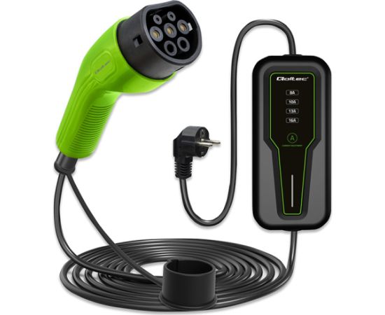 Qoltec Mobile charger for EV 2-in-1 Type2 with regulation | 3.5kW | 230V | SCHUKO 16A | LCD | Portable | 4m Elektro Auto lādēšanas piederumi
