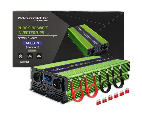 Qoltec Pure Sine Wave Inverter Monolith | battery charger | UPS | 2000W | 4000W | 12V to 230V | LCD Strāvas pārveidotāji