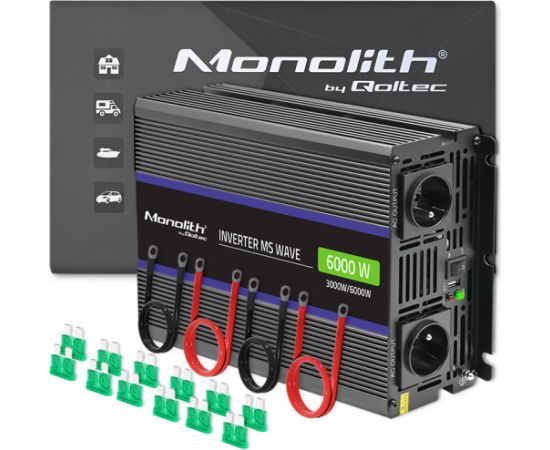 Qoltec Monolith voltage converter 6000 MS Wave | 12V to 230V | 3000/6000W | USB Strāvas pārveidotāji