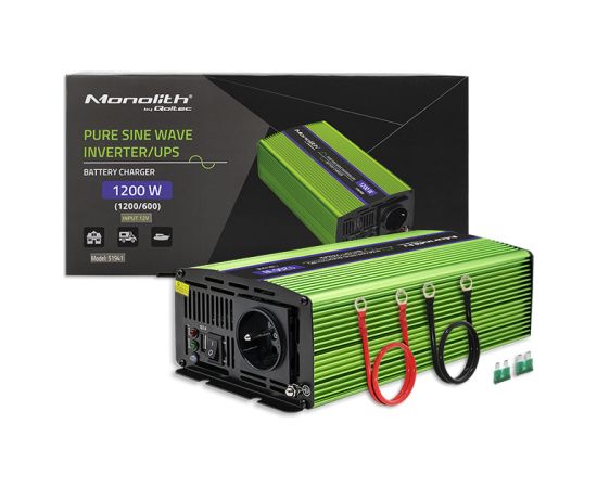 Qoltec Pure Sine Wave Inverter Monolith | battery charger | UPS | 600W | 1200W | 12V to 230V Strāvas pārveidotāji