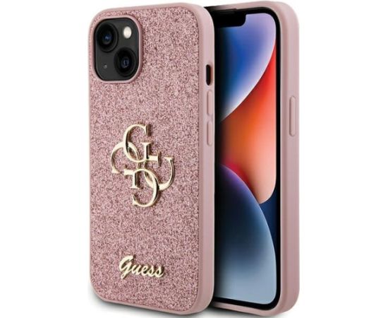 Guess Glitter Script Big 4G Back Case Aizsargapvalks Priekš Apple iPhone 15 Plus Neoriģinālie Maciņi