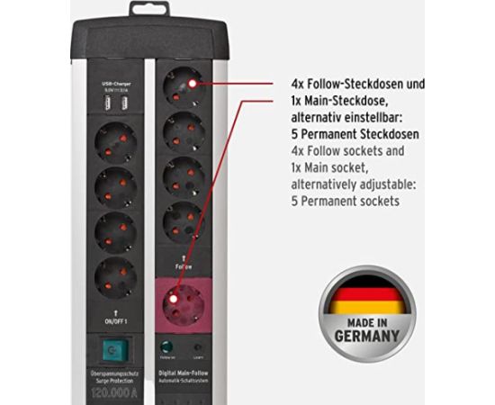 Brennenstuhl Premium-Protect-Line, 11-way duo, power strip (black/silver, 120,000A surge protection, 3 meters) Aудио-видео