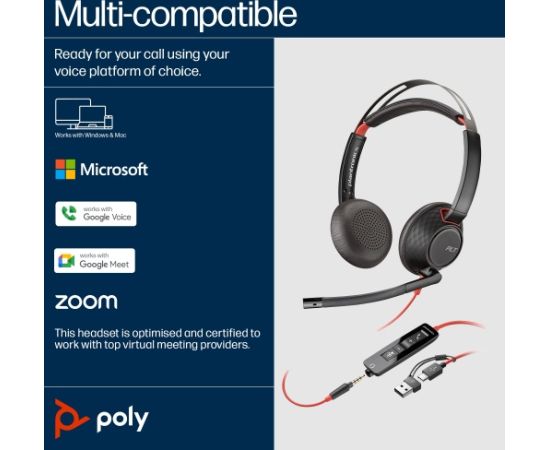 HP Poly Blackwire 5220 Stereo Wired Headset, USB-C, 3.5mm, USB-C/A Adapter (Bulk), Black (8X231AA/8X231A6) Наушники