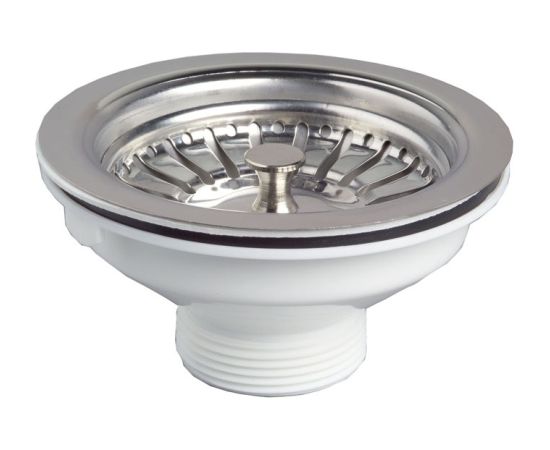 Wirquin izplūde ar sietiņu, 1½ x 90 mm, plastmasa, balta/nerūsējošais tērauds Sifoni