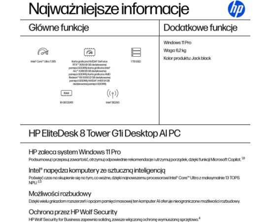 HP EliteDesk 8 Tower G1i Ultra 7 265 16GB DDR5 56000 SSD1TB Arc W11Pro 3Y OnSite Personālie datori