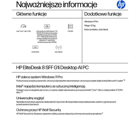 HP EliteDesk 8 SFF G1i Ultra 7 265 16GB DDR5 5600 SSD1TB Arc W11Pro 3Y OnSite Personālie datori